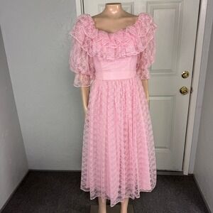 Vintage 70s 80s Roberta Women's Dress 5/6 Puff Sleeve Ruffle Prom Formal Lace T1